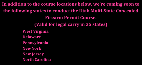 TRAINING SCHEDULE PAGE
Thanks for visiting our training schedule page.  
See course dates, times and locations below.
If you would like to host a private course, contact us, we&rsquo;ll help you with promotion and we&rsquo;ll let you take the course for free as our way of saying thanks! 

Looking to schedule lessons at the shooting range?  Click Here